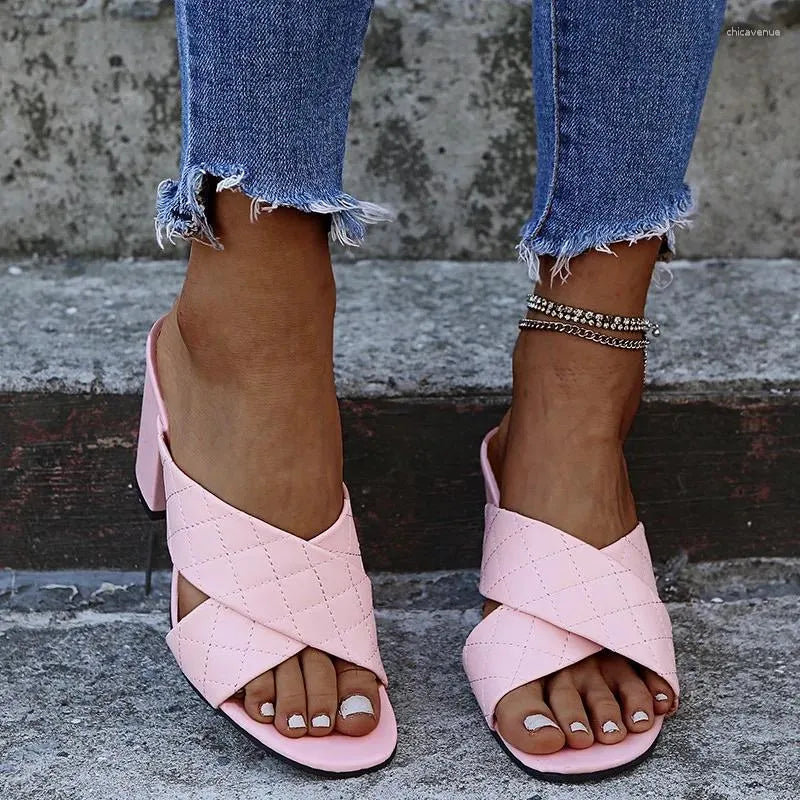 Slippers Runway Style Summer Weave Women Fashion Thick High Heels Gladiator Sandals Outdoor Beach Slides Ladies Mules Shoes