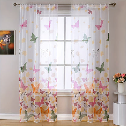 2Pcs Living Room Bedroom Gauze Sunflower Curtain, Translucent Sheer Tulle Valances Panel For Home Door Window Balcony Decoration