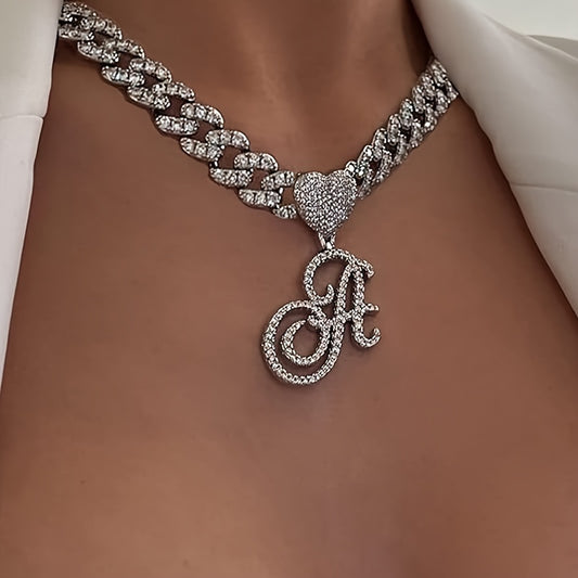 1 Piece Initial Necklace - Durable Cuban Chain with Icy-Cool Ice Chain Design, Heart-Shaped Letter Pendant, and Trendy Hip Hop Style - Unisex Silver Jewelry for Men and Women, Perfect Gift Idea