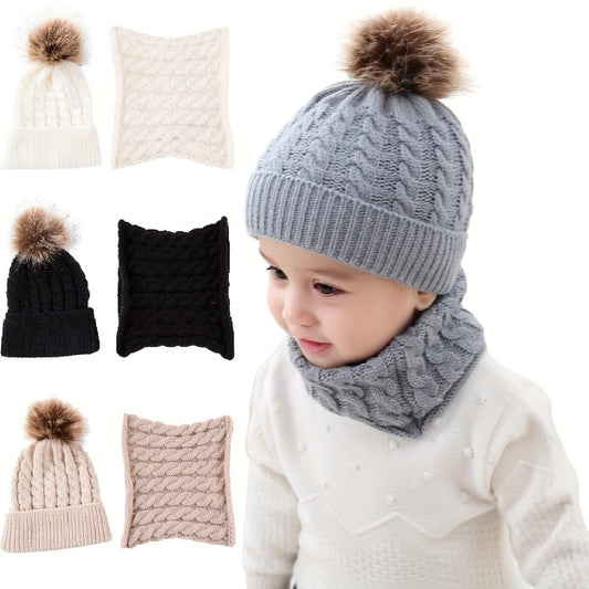 2pcs Baby Beanie Knitted Hat With Pom Pom & Scarf Set Solid Color Warm Winter For Boys And Girls