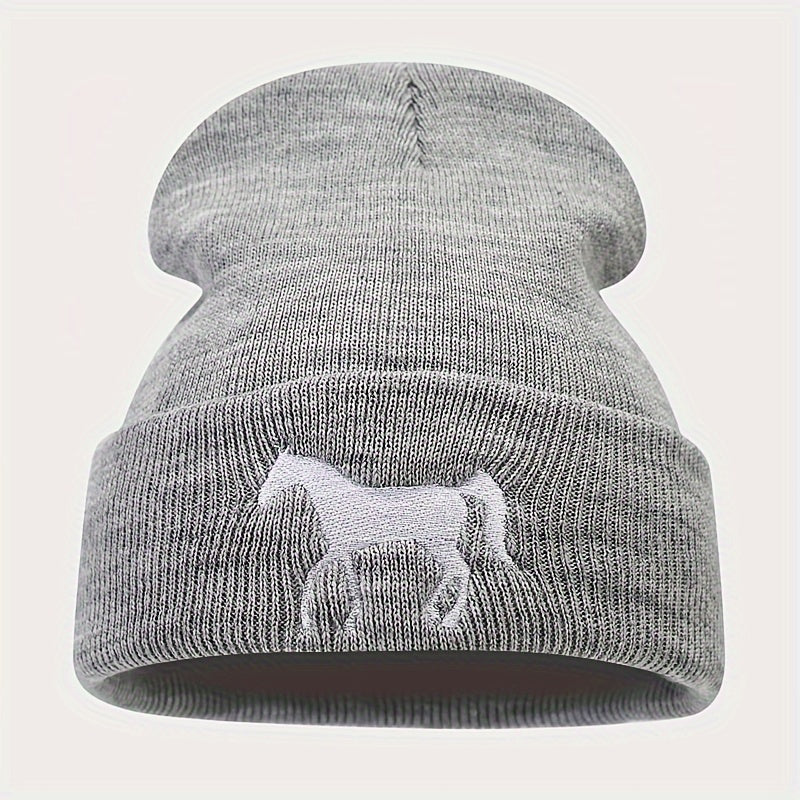 1pc Stylish Horse Embroidery Knitted Beanie Hat - Soft, Warm, and Fashionable for Men and Women Outdoor Activities - Unisex All-Match Design for Casual Wear