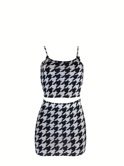 Chic Houndstooth Two-piece Skirt Set - Flattering Crop Cami Top & Figure-Sculpting Bodycon Skirt Outfit - Fashion-Forward Womens Clothing