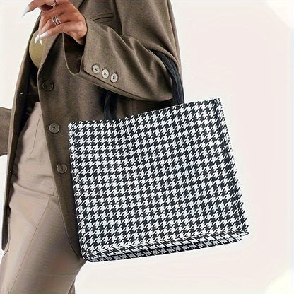 Large Capacity Fashionable Plaid Tote Bag - Versatile Commuter Shoulder Bag with Magnet Closure, Lightweight Fabric Material, and Random Printing - Ideal for Shopping, Class, and Daily Use