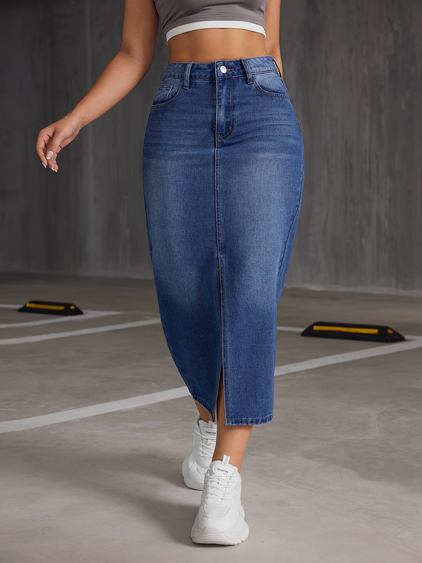 Womens Fashionable Blue Denim Skirt - Timeless Plain Washed Effect, Flattering Slit Hem Design, Midi Length for Versatility, Made from Comfortable Casual Jean Material - Designed for the Modern Woman, Inspired by Street Style Fashion