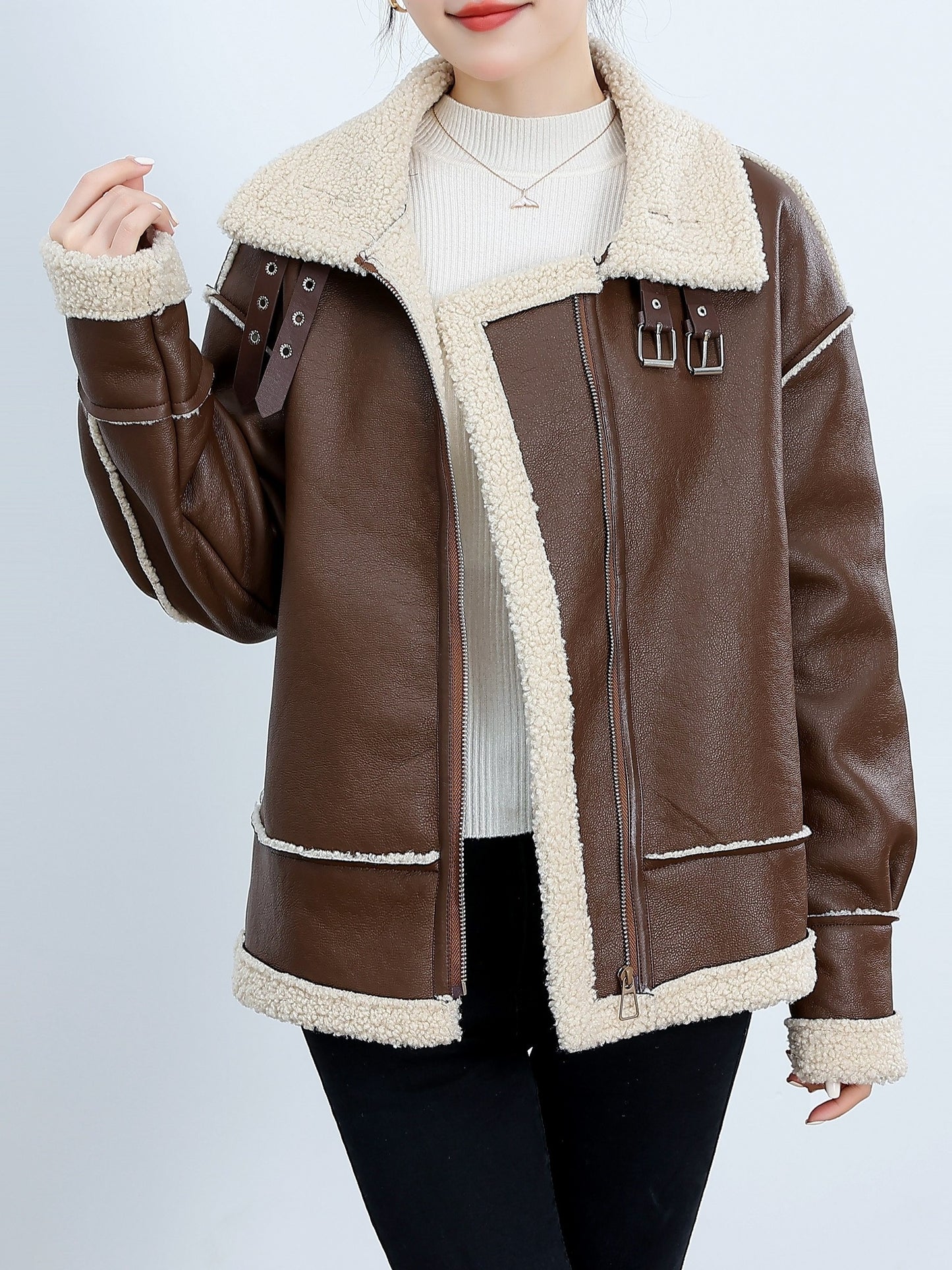 Chic & Stylish Fuzzy-Trim Biker Jacket for Women - Durable, Easy-Care & Perfect for Fall/Winter Warmth and Comfort