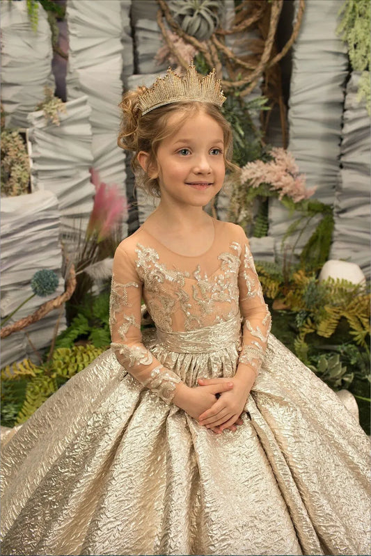 Gold Flower Girl Dress Princess Illusion Sleeve with Bow Buttons Luscious Skirt Birthday Wedding Party Kids Bridesmaid