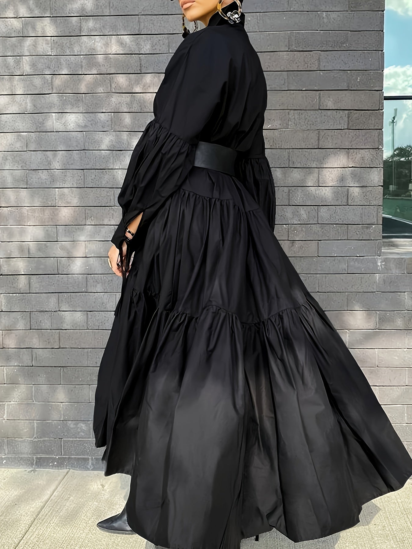 Vibrant Solid Color Ruffle Hem Maxi Shirt Dress - Long Sleeve, Loose Fit, Casual, Simple, Comfortable, Flowy, Women's Clothing for Everyday Wear