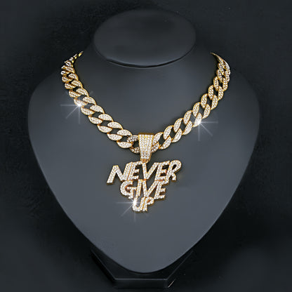 Never give up pendant hip hop Cuban chain necklace, chain length 18in wide 0.59in, gift box