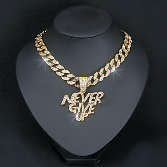 Never give up pendant hip hop Cuban chain necklace, chain length 18in wide 0.59in, gift box