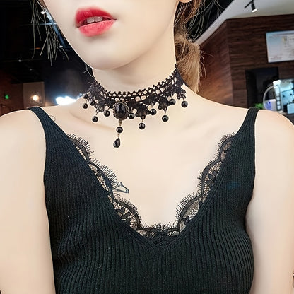 5pc Gothic Steampunk Choker Necklace Set - Intricate Pendant Designs, Alluring Black Lace Collar, Edgy Punk Style - Fashion Forward Accessories for Women - Perfect Festive Costume Accent