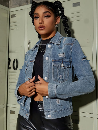 All-Season Chic & Stylish Ripped Denim Jacket - Versatile, Casual Woven Fabric with Long Sleeves and Classic Lapel, Perfect for Every Outfit