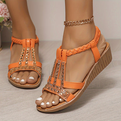 Womens Flat Heel Rhinestone Decorated Strappy Sandals - Soft PU Faux Leather Upper, Elastic Ankle Strap, Comfortable Rubber Sole, Perfect for Summer Vacation, Beach, Koningsdag/Kings Day Celebration