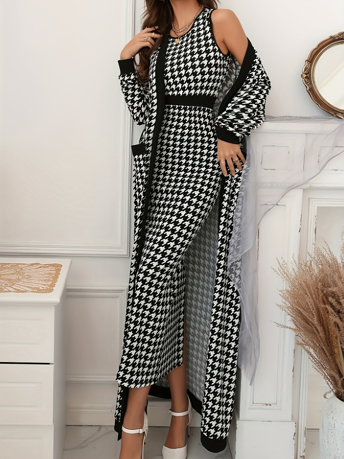 Elegant Houndstooth Pencil Dress Set, Long Sleeve Open Front Tie Waist Duster Cardigan & Bodycon Crew Neck Sleeveless Split Hem Tank Dress Outfits, Women's Clothing