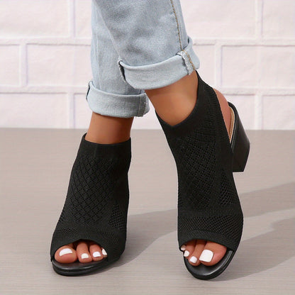 Chic Fabric Sandals for Women - Knitted Slip-On Peep Toe with Slingback and Comfortable Chunky Low Heels - Fashionable Everyday Style