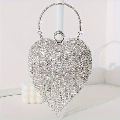 Rhinestone Fringed Heart Shaped Evening Bag, Luxury Shiny Tassel Handbag, Women's Dress Purse For Wedding Party Prom Banquet