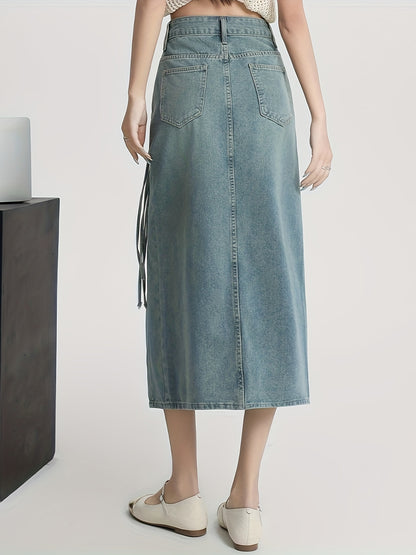 Womens High-Waisted Elegant Denim Midi Skirt - Versatile Summer Skirt with Side Slit, Buttons, Tassel Detail, and Classic Portrait Pattern - Non-Stretch, Woven, and Perfect for Spring, Summer, and Fall Seasons