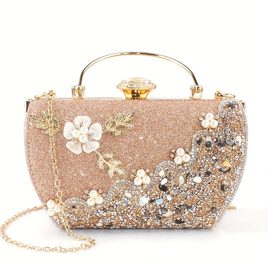 Faux Pearl Rhinestone Floral Evening Bag, Elegant & Charming Dress Clutch Purse, Women's Fashionable Handbag For Wedding Party Prom