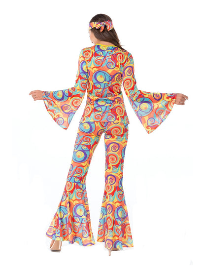 Vibrant Abstract Print Hippie Chic Two-Piece Set - Tie Front Flared Sleeve Tops with Relaxed Fit & Flared Leg Long Length Pants Outfits - Unique Bohemian Women's Clothing for Summer, Casual, and Festival Occasions