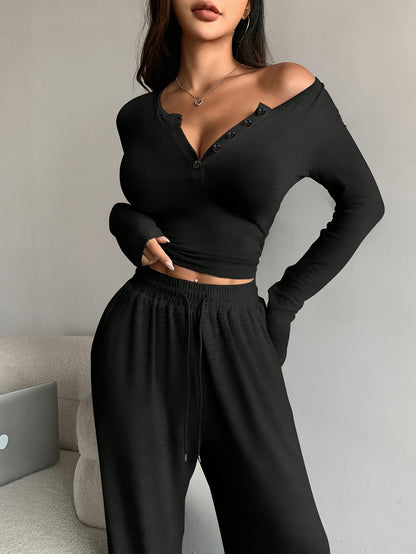 TWO-PIECE SET - Chic Long Sleeve Top with Button Front & Drawstring Waist Wide Leg Pants - Comfortable, Versatile, and Flattering Outfit for Women's Everyday Wear