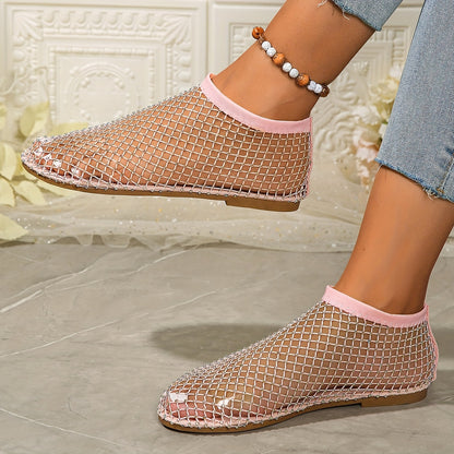 Stylish Women's Rhinestone Flat Sandals - Breathable Hollow Out Mesh Design, Slip-On Comfort, Fashionable Outdoor Beach Shoes for Summer