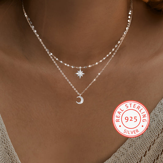 Celestial Glamour - Dainty 925 Sterling Silver Layered Choker Necklace with Star Moon Pendant for Women & Teen Girls - Adjustable, Fashion-Forward Design for Daily Wear or Special Events