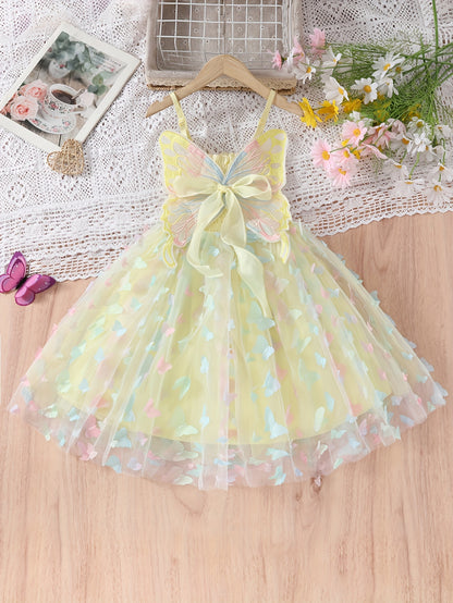 95% Cotton Girls' Princess Cami Dress with Sweet Butterfly Wings & Gradient Tulle - Perfect for Summer Parties & Birthday Celebrations