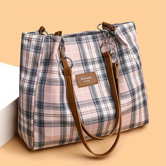 Large Capacity Chic Plaid Tote Bag - Versatile Shoulder Carryall, Perfect for Commuting & School, Stylish & Durable Everyday Accessory