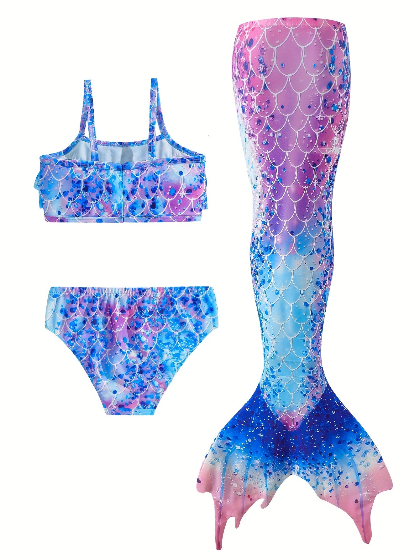 3PCS/Set Mermaid Princess Pool Party Outfit - Stylish Cami Top, Swim Shorts, and Sparkly Tail Skirt for Girls - Perfect Summer Dress Up for Beach, Pool, and Outdoor Play