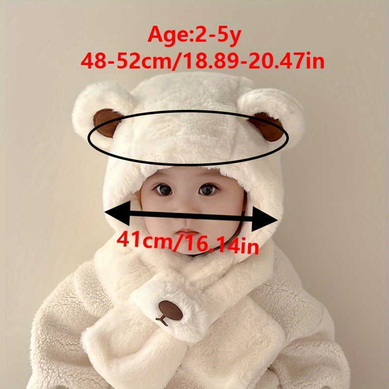 Cute Plush Baby Hat With Integrated Scarf - Thick Warm Ear Protection Cap For Boys And Girls, Polyester, Hand Washable, Knit, Fits 2-5 Years Old (18.9-20.47inch) - Perfect For Thanksgiving & Birthday Parties