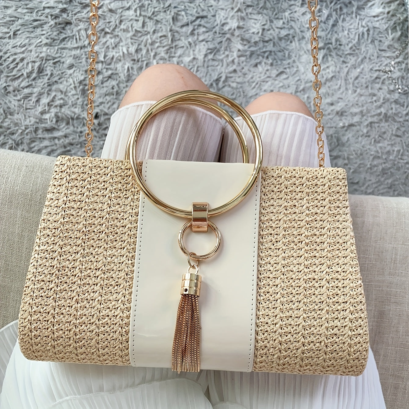 Tassel Decor Straw Evening Bag, Women's Elegant Shoulder Bag With Removable Strap, Summer Beach Woven Metal Ring Handbag Best Gifts for Carnaval