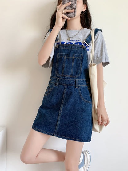 Womens Chic Blue Denim Overall Dress - Loose & Cute Mini Style with Adjustable Straps for Summer Comfort