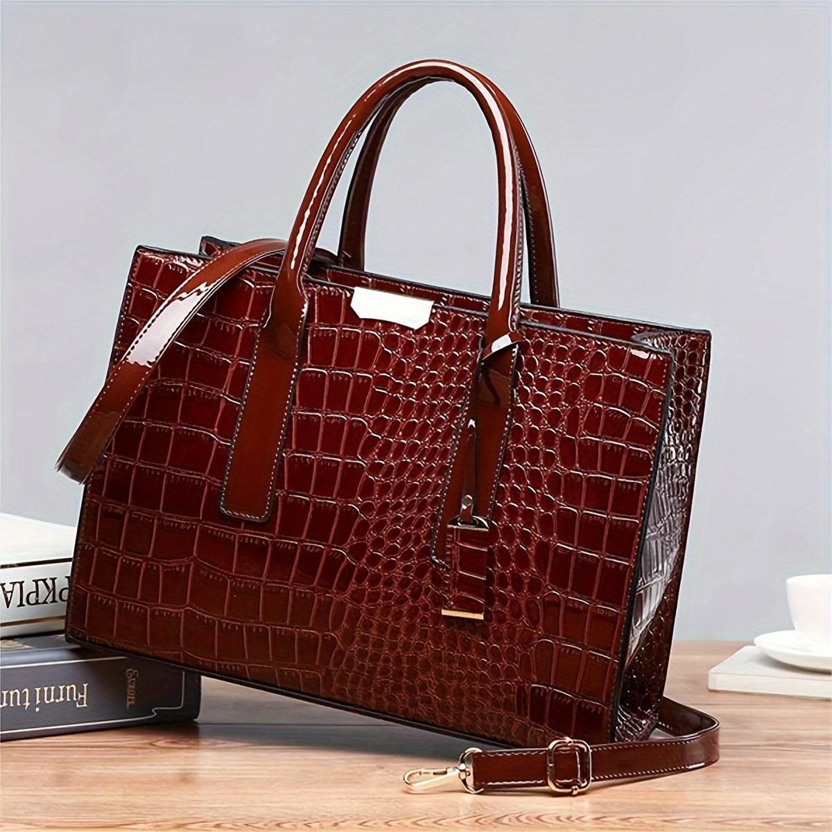 Luxurious Crocodile Embossed Tote Bag for Women - Chic Double Handle Design, Spacious Shoulder Purse for Everyday Elegance & Professional Use