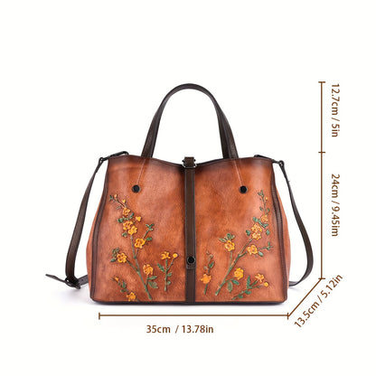 Genuine Leather Floral Embossed Vintage Tote Bag - Adjustable Strap, Soft Shoulder Bag, Elegant Crossbody Satchel Purse with Polyester Lining, Zipper Closure, Lightweight, and Positioning Printing - Urban Retro Style, Perfect for Women