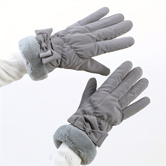 Women's Bow Decor Plush Winter Gloves, Windproof Thick Warm Gloves For Cycling Skiing Driving