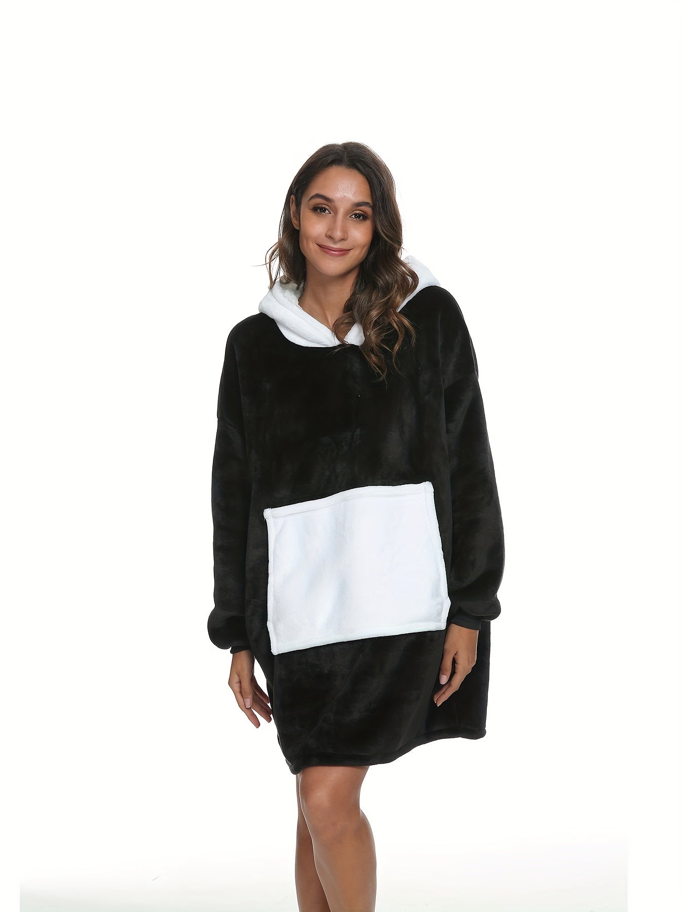 Cute Panda Hooded Nightdress, Fleece Thickened Long Sleeve Sleep Dress With Pockets, Women's Sleepwear & Dresses