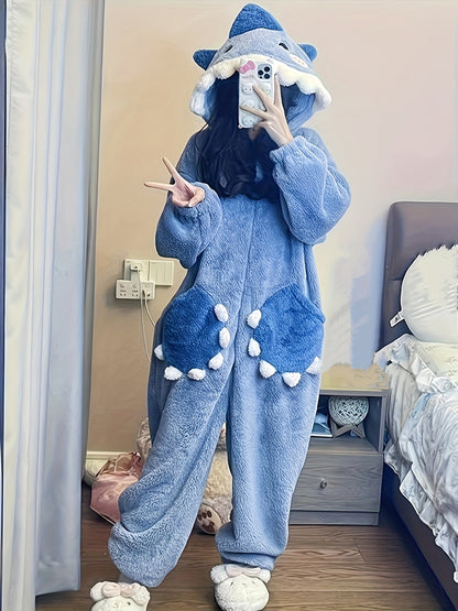 Festive Music Festival Shark Hoodie Jumpsuit - Cozy Long Sleeve Zip Pajamas for Carnaval - Womens Soft Fuzzy Loungewear