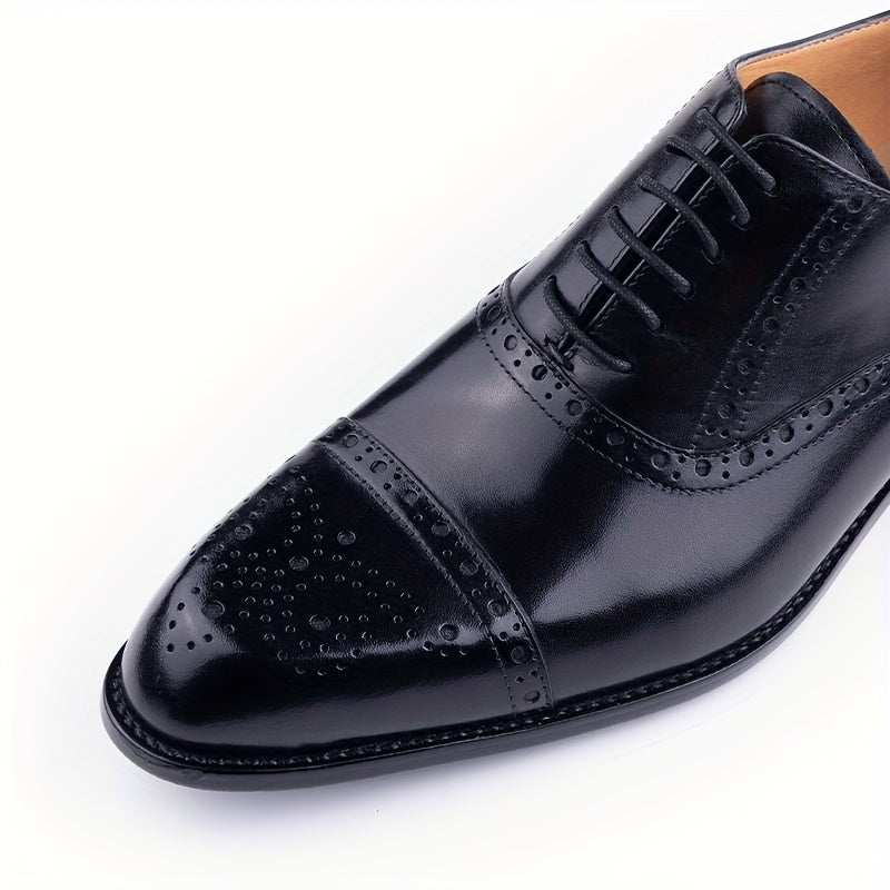 Premium Leather Men's Cap-Toe Oxfords - Brogue Detailing, Durable Lace-up Design - Ideal for Business & Daily Office Wear