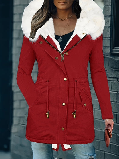 Womens Chic Thermal Parka Coat with Faux Fur Hood - Zip & Button Closure, Front Pockets, Ideal for Cold Weather