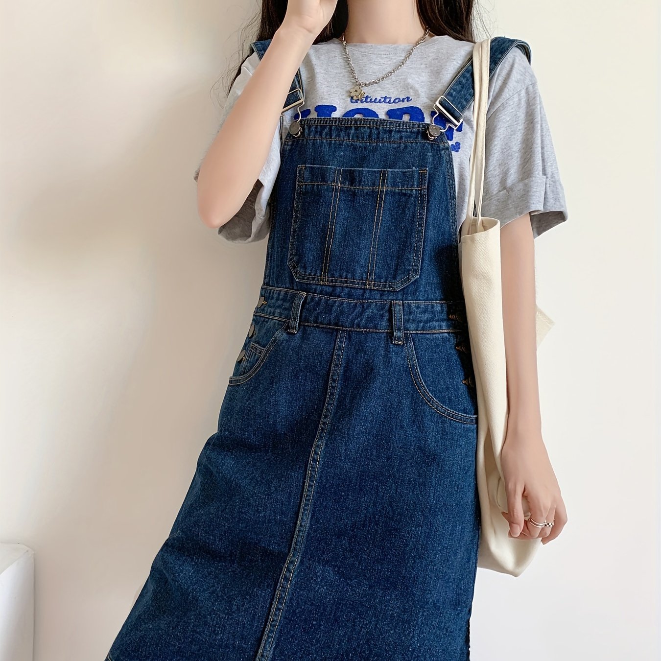 Womens Chic Blue Denim Overall Dress - Loose & Cute Mini Style with Adjustable Straps for Summer Comfort