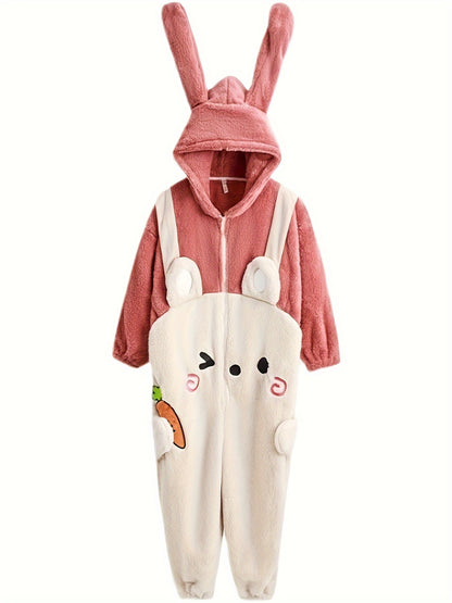 Cartoon Bunny Fuzzy Hooded Night Jumpsuit For Fall & Winter, Cute Long Sleeve Zip Up Pajamas, Women's Sleepwear & Loungewear