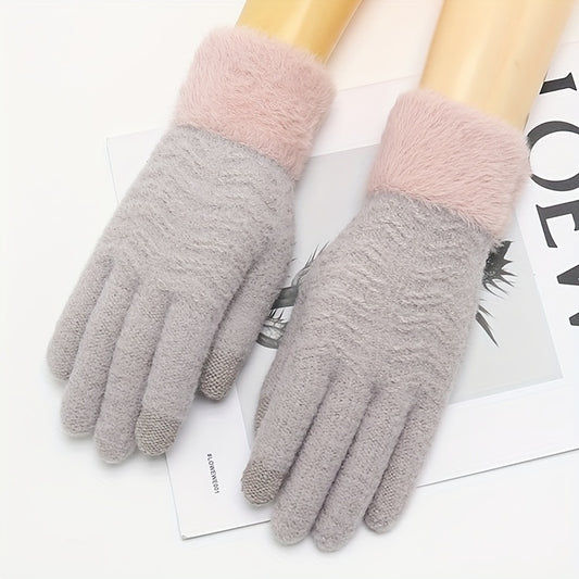 Women's Elegant Knitted Full Finger Gloves Polyester 100% Solid Color with Touch Screen Functionality, Keep Warm Elasticity Mature Style for Cold Weather - Non-Random Selection