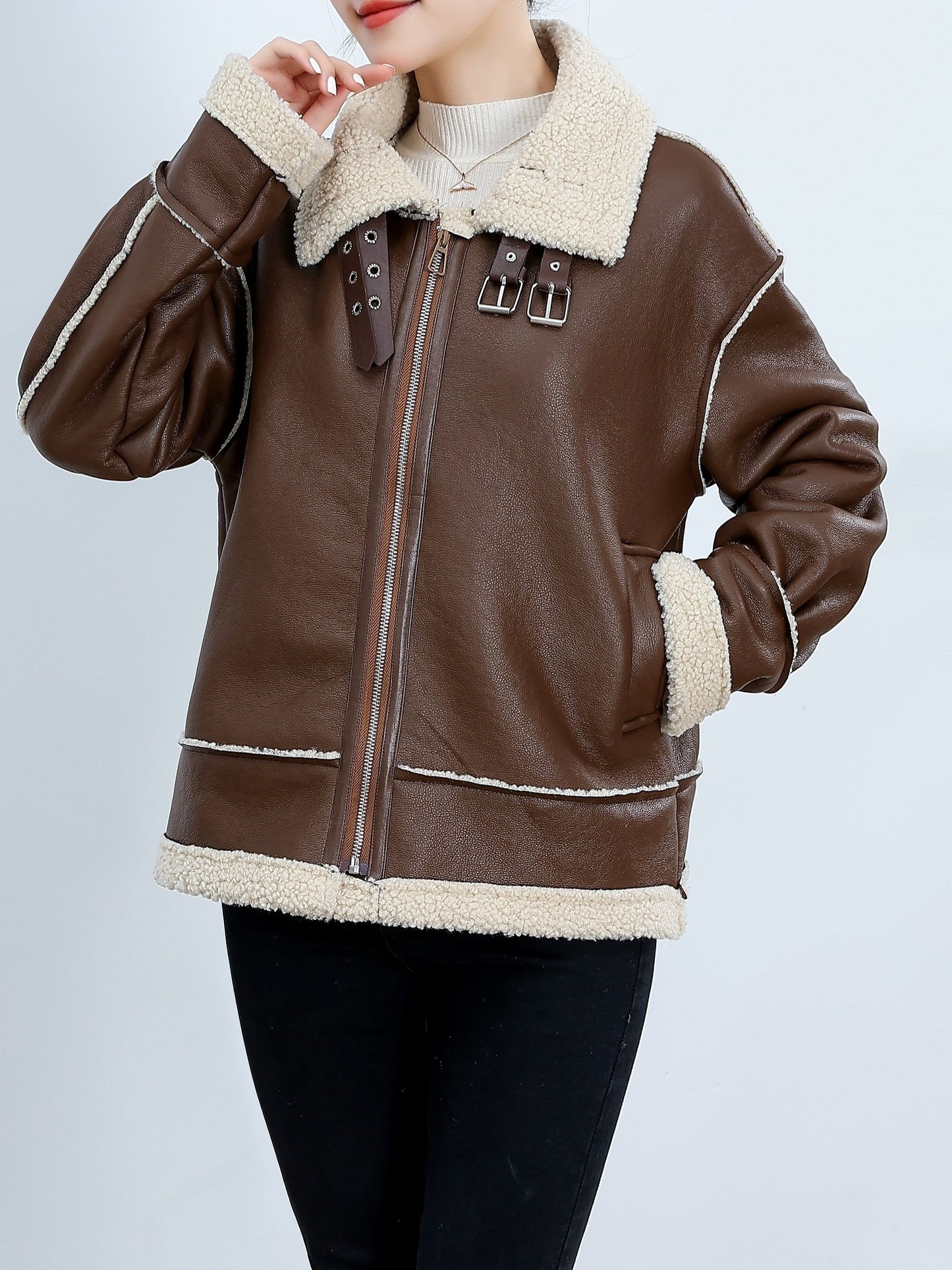 Chic & Stylish Fuzzy-Trim Biker Jacket for Women - Durable, Easy-Care & Perfect for Fall/Winter Warmth and Comfort