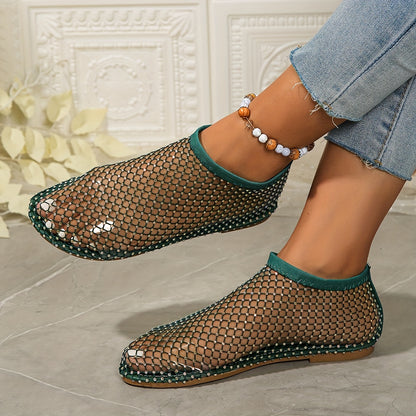 Stylish Women's Rhinestone Flat Sandals - Breathable Hollow Out Mesh Design, Slip-On Comfort, Fashionable Outdoor Beach Shoes for Summer