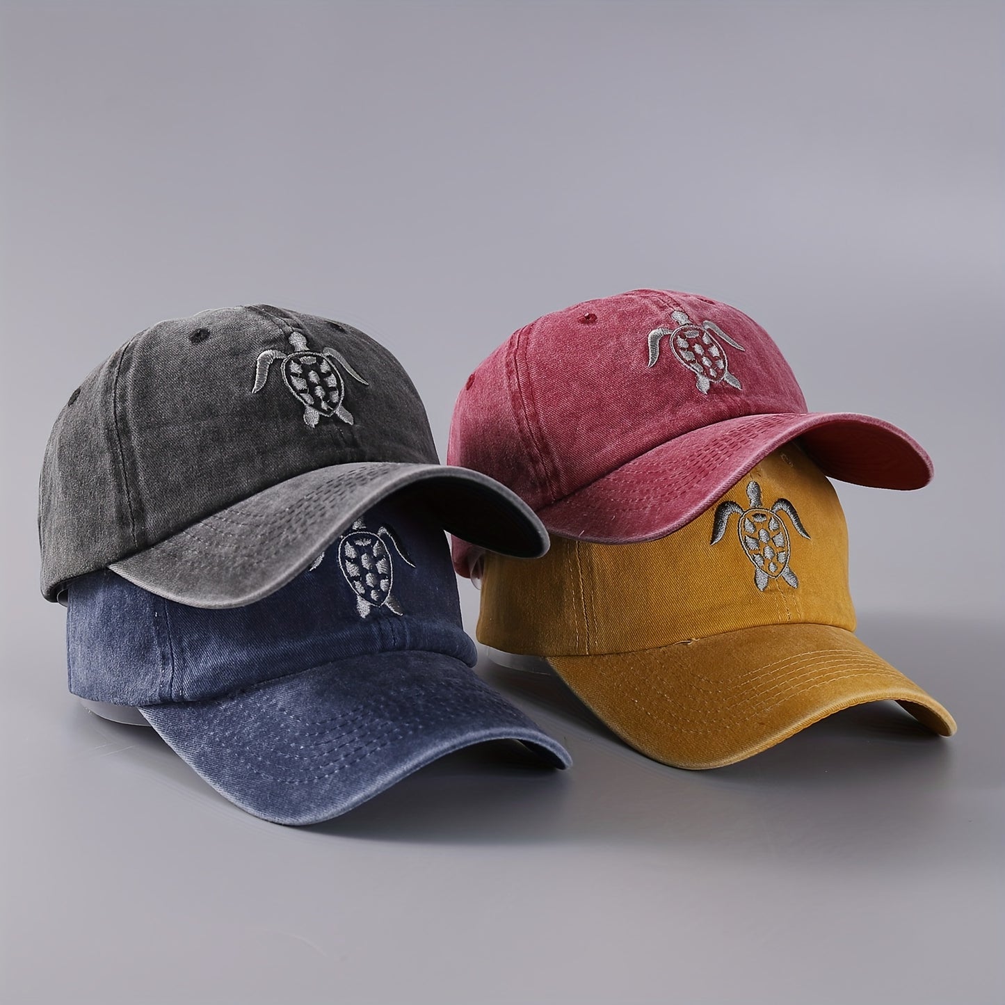 Ultra-Soft Vintage Denim Baseball Cap with Distressed Turtle Embroidery - Fashionable Curved Brim for Men - Premium Quality, Ideal Stylish Gift Idea