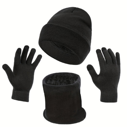 3pcs/set Thickened Warm Fleece Lined Hat Gloves Infinity Scarf Set Autumn Winter Unisex Warm Coldproof Sports Knit Beanie Cap Touchscreen Gloves Neck Gaiter 3-piece Set