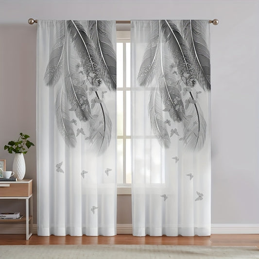 Elevate Your Home Decor with 2pcs Feather Print Curtain - Perfect for Bedroom, Office, Kitchen, Living Room, and Study!