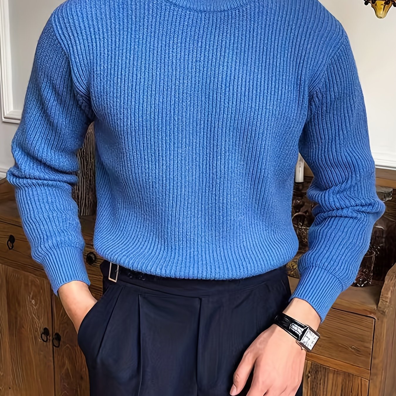 Cozy Crew Neck Sweater - Soft Slightly Stretch Acrylic Knit Fabric, Regular Fit, Solid Color, Machine Washable, Perfect for Fall and Winter - Casual Mens Pullover for Everyday Wear