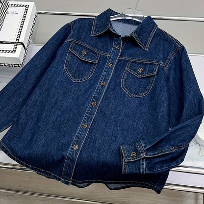 Dark Washed Blue Denim Shirt - Classic Single-Breasted Design, Timeless Plain Style, Elegant Lapel Collar, Comfortable Long Sleeve, Perfect for Casual Occasions - Womens Denim Jeans and Clothing Essential