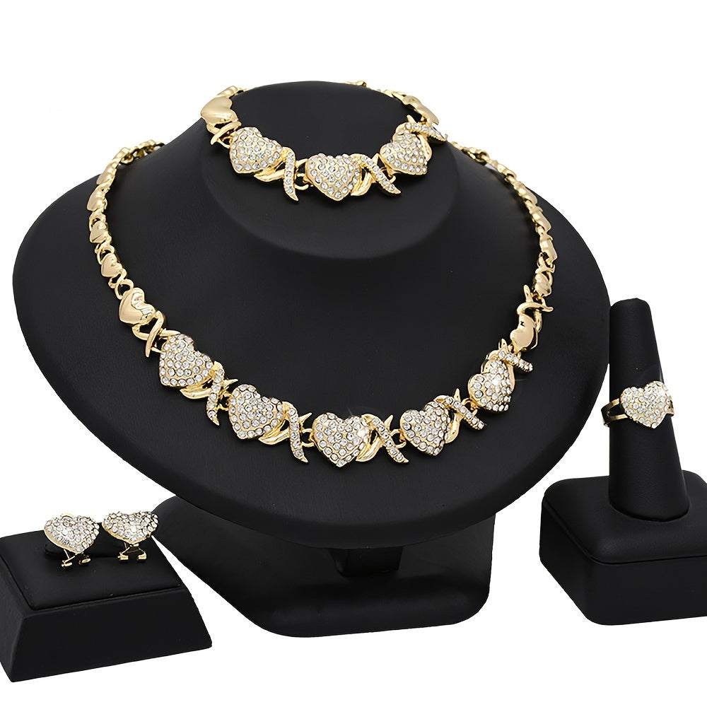 4PCS Luxury Mosaic Jewelry Set - Exquisite Synthetic Zircon Necklace, Pendant, Stud Earrings, and Promise Rings for Women - Ideal Mothers Day Gift, Girlfriend Present, Wedding Party Jewelry with Alloy Material and Graceful Theme