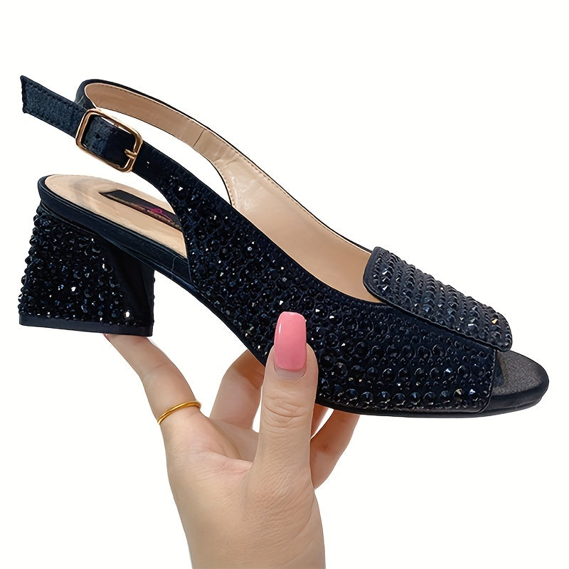 Women's Rhinestone Pattern Sandals, Slip On Peep Toe Casual Chunky Heel Shoes, Versatile Summer Slingback Shoes